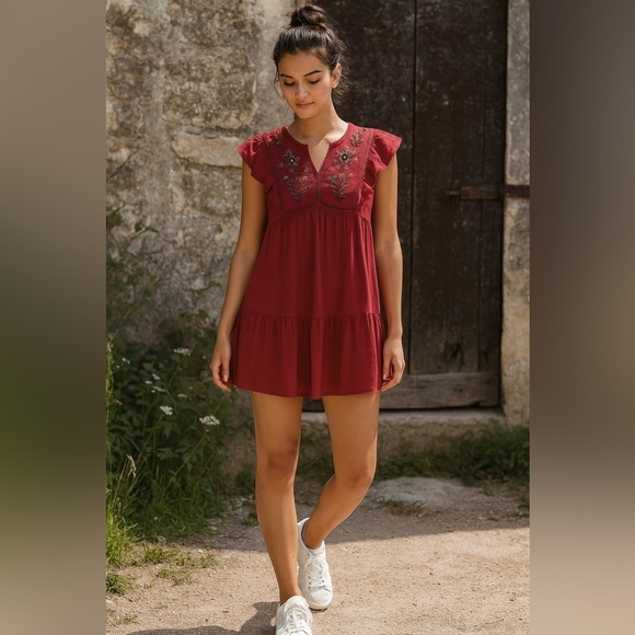 Sonoma XL Embroidered Tiered Flounce Dress Magenta Boho Flutter Sleeve Lined - Picture 1 of 4